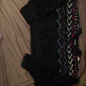 Soft furry Black Sweater with Blue, White, and Burgundy Pattern